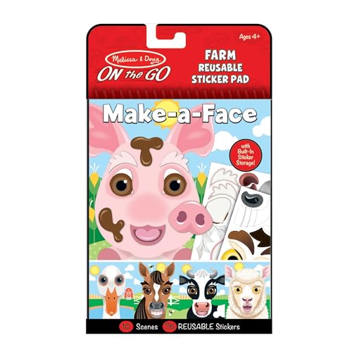 Melissa & Doug On The Go Make-a-Face Reusable Sticker Pad Travel Toy Activity Book - Farm Animals (10 Scenes, 76 Cling Stickers)