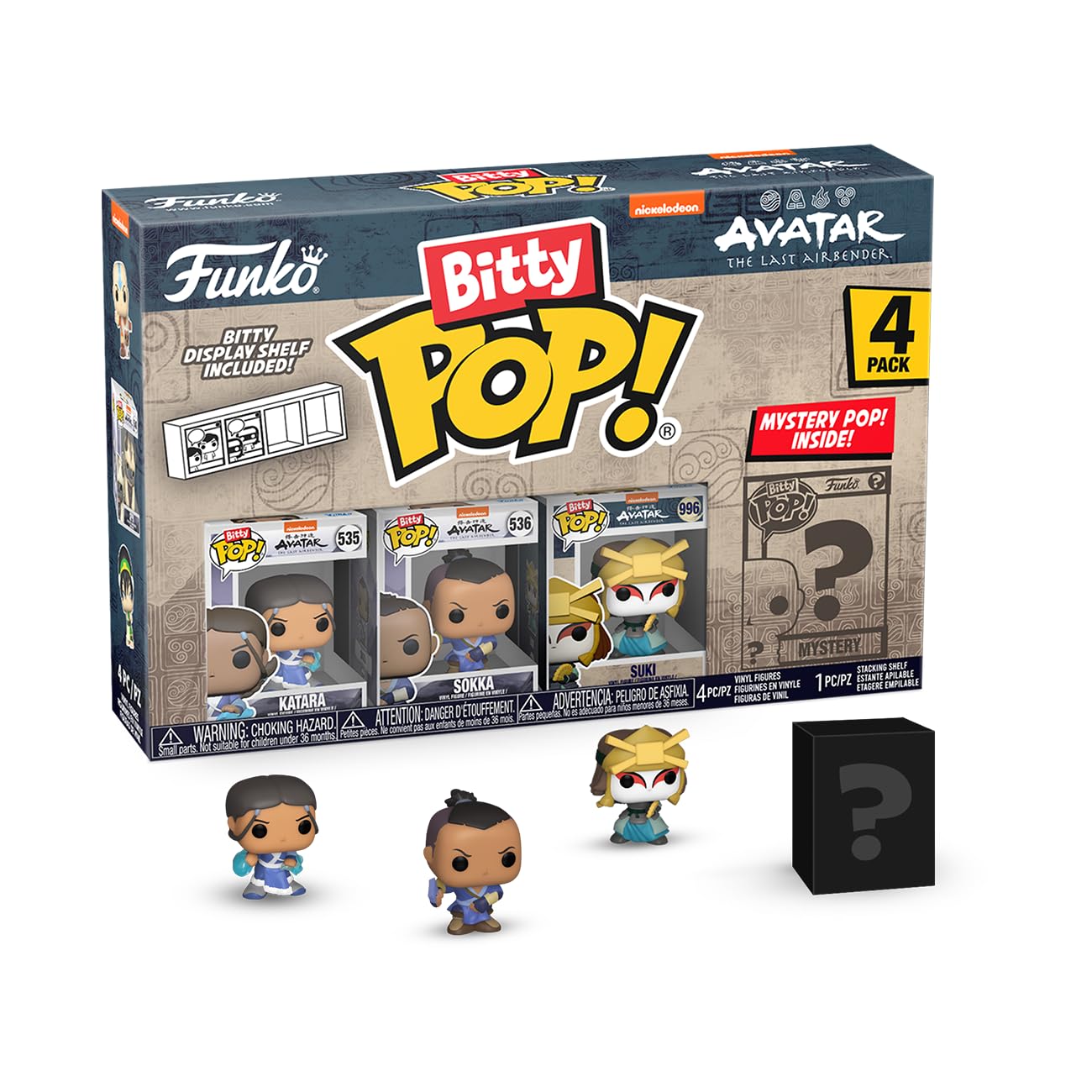 Funko Bitty Pop! Avatar: The Last Airbender - Katara, Sokka, Suki, & A Surprise Mystery Mini Figure - 0.9 Inch (2.2 Cm) Collectable - Stackable Display Shelf Included - Gift Idea - Cake Topper