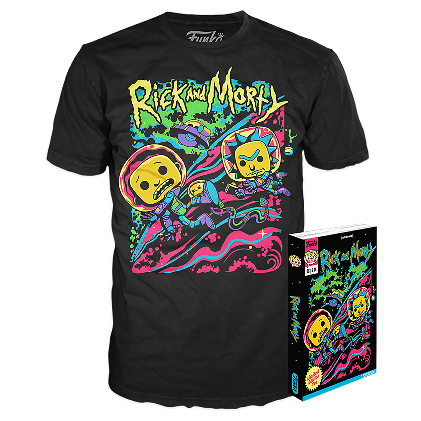 Funko POP! Tees Rick and Morty Goodbye Moonmen with 7" Vinyl Record with Size XL T-Shirt Collectors Box Exclusive