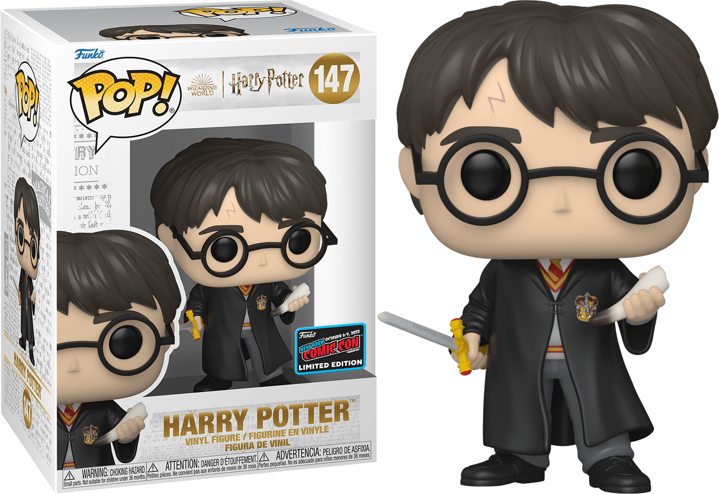 Funko POP! Movies Harry Potter with Gryffindor Sword & Basilisk Fang # 147 Limited Edition 2022 NYCC Exclusive Sticker