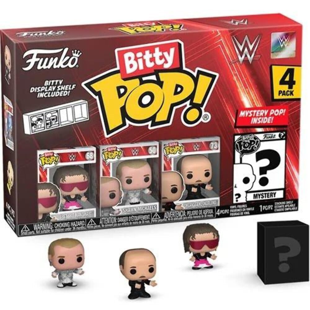 Funko Bitty Pop! : WWE Mini Collectible Toys 4-Pack - Bret “Hit Man” Hart, Shawn Michaels, “Mean” Gene Okerlund, & Mystery Chase Figure