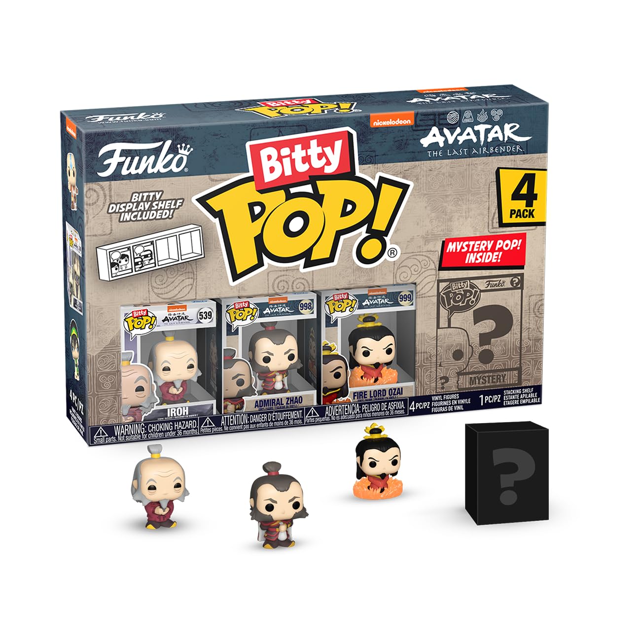 Funko Bitty Pop! Avatar: The Last Airbender - Iroh, Zhao, Ozai, & A Surprise Mystery Mini Figure - 0.9 Inch (2.2 Cm) Collectable - Stackable Display Shelf Included - Gift Idea - Cake Topper