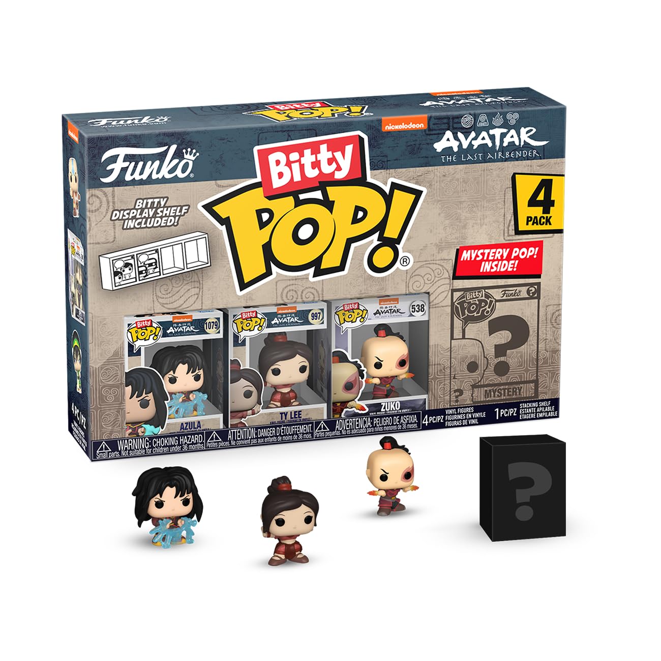 Funko Bitty Pop! Avatar: The Last Airbender - Azula, Ty Lee, Zuko, & A Surprise Mystery Mini Figure - 0.9 Inch (2.2 Cm) Collectable - Stackable Display Shelf Included - Gift Idea - Cake Topper