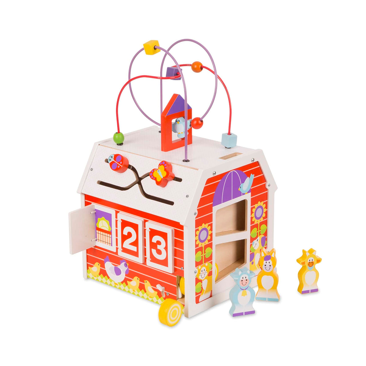Melissa & Doug First Play Slide, Sort & Roll Wooden Activity Barn with Bead Maze, 6 Wooden Play Pieces (11.75” x 11.75” x 20” Assembled)