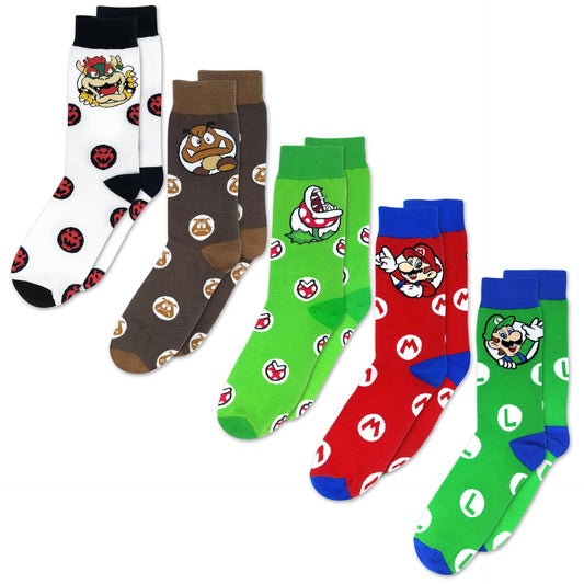 Super Mario Brothers Crew Socks- Heroes and Villains 5-Pack