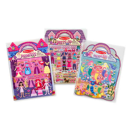 Melissa & Doug Puffy Sticker Activity Books Set of 3 - Dress-Up, Princess & Mermaid, with 208 Reusable Stickers and Fold-Out Scenes, Mess-Free Travel Toys for Kids Ages 4+ - FSC Certified