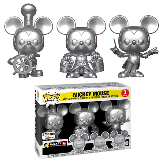 Funko POP! Disney Mickey Mouse Steamboat Willie, Conductor, & Apprentice 3-Pack [Silver] Exclusive