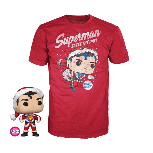 Funko POP! and Tee DC Holiday Superman [Flocked] Saves The Day! T-Shirt Size Large Exclusive