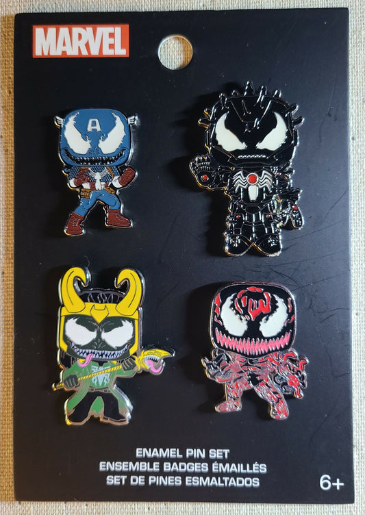 Funko POP! Pin Venomized Iron Man, Venomized Captain America, Venomized Loki, and Carnage Exclusive