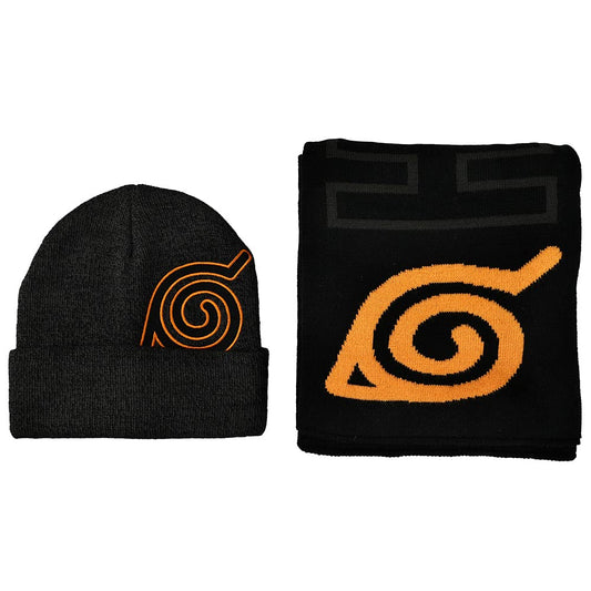 Naruto Black Marl Peek-a-Boo Cuff Beanie and Hidden Leaf Village Symbol Black Scarf Combo