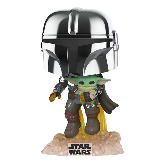 Funko POP! Star Wars: Across The Galaxy - The Mandalorian Holding Grogu with Pin, Chrome Finish Exclusive
