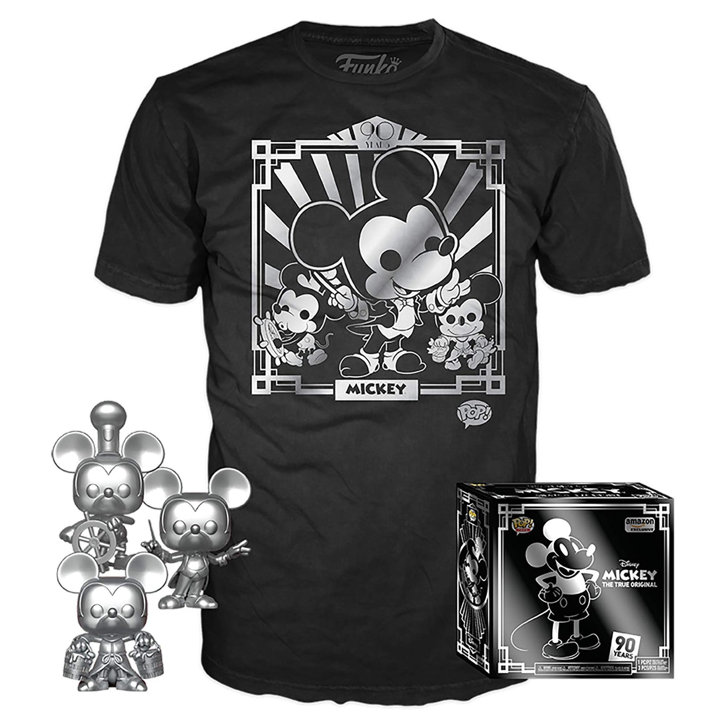 Funko POP! 3 Pack & Tee Disney - Mickey's 90th T-Shirt and Silver Steamboat Willie, Conductor, and Apprentice, Amazon Exclusive, Size XL