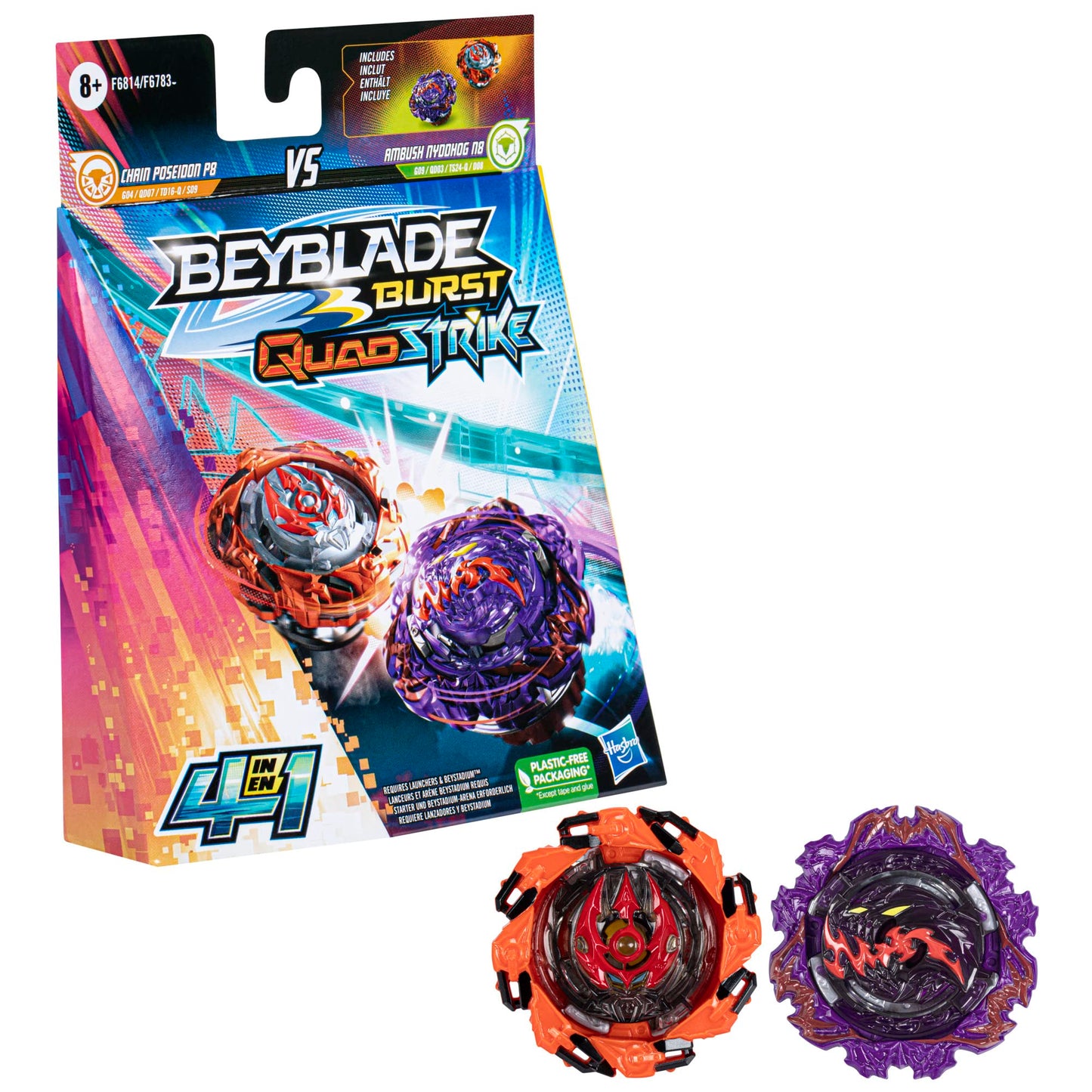 Beyblade Burst QuadStrike Ambush Nyddhog N8 and Chain Poseidon P8 Spinning Top Dual Pack