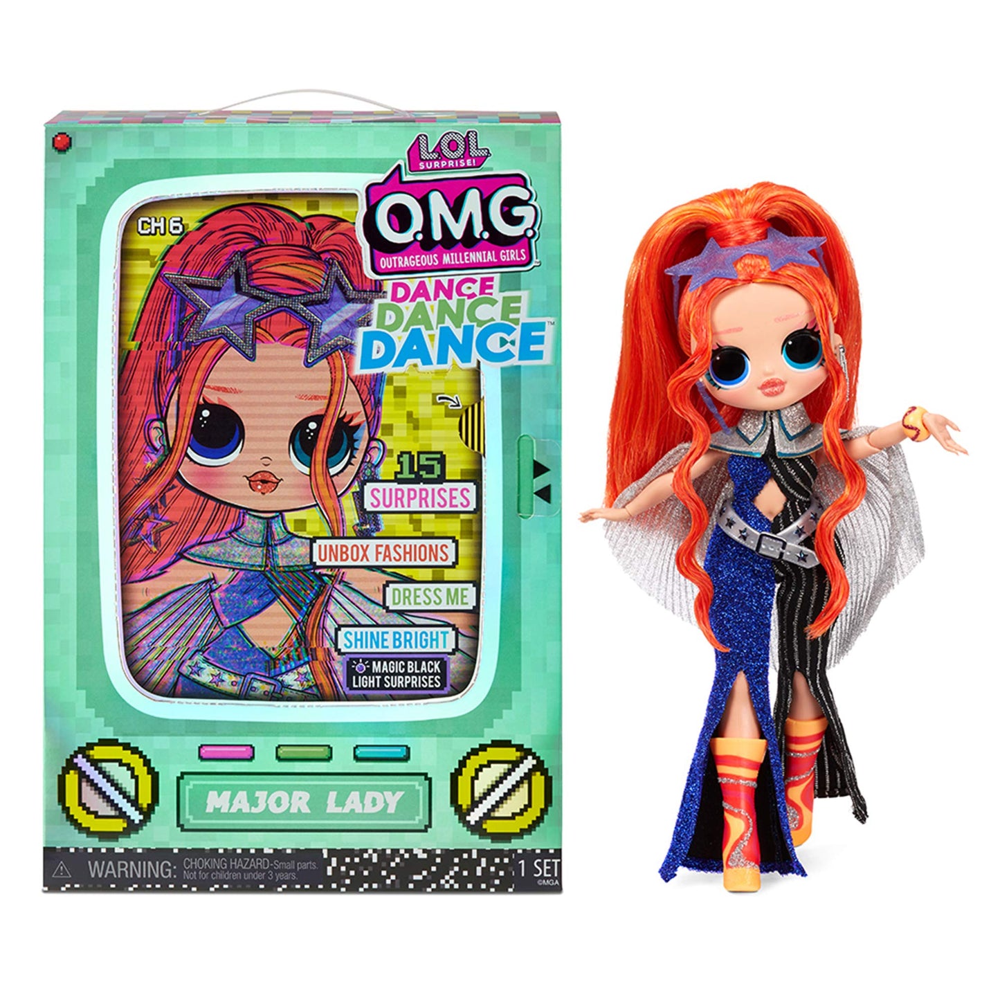 LOL Surprise OMG Dance Dance Dance Major Lady Fashion Doll with 15 Surprises Including Magic Black Light, Shoes, Hair Brush, Doll Stand and Television Package - A Great Gift for Girls Ages 4+