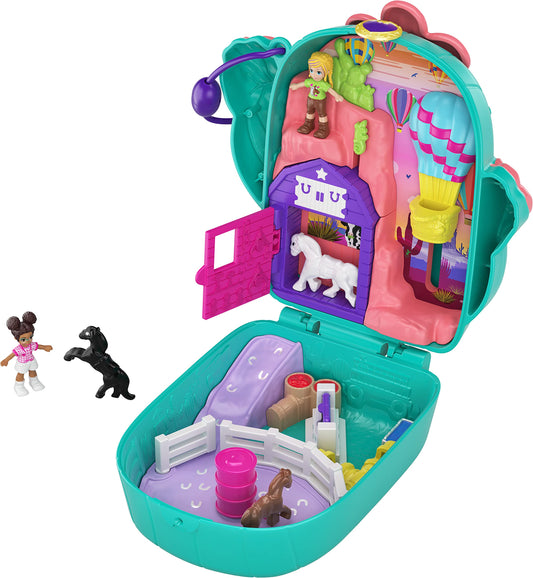 Polly Pocket Playset, Travel Toy with 2 Micro Dolls & Pet Horses, Pocket World Cactus Cowgirl Ranch Compact