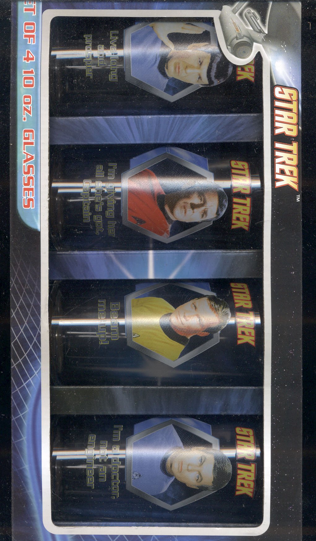 Star Trek Set of 4 10oz glasses Item# 52226 Kirk, Spock, McCoy, Scottie