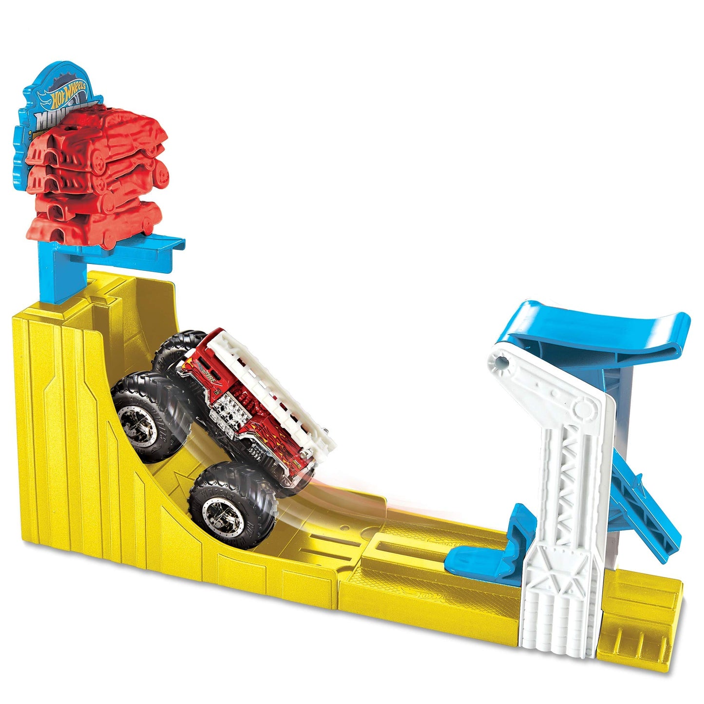 Hot Wheels Monster Trucks Big Air Breakout Play Set with 5 Alarm 1:64 scale die-cast metal body Monster Truck 4 plastic crushed cars 1 Slam Launcher and Ramp for Vertical Crashing