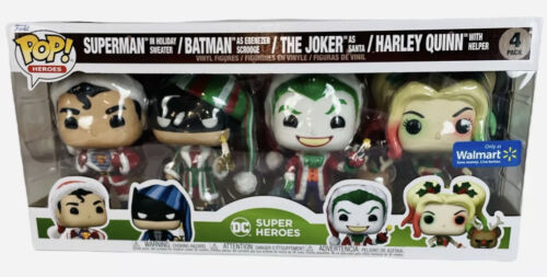 Funko POP! Heroes DC Superman in Holiday Sweater, Batman as Ebenezer Scrooge, The Joker as Santa, Harley Quinn with Helper 4-Pack Exclusive